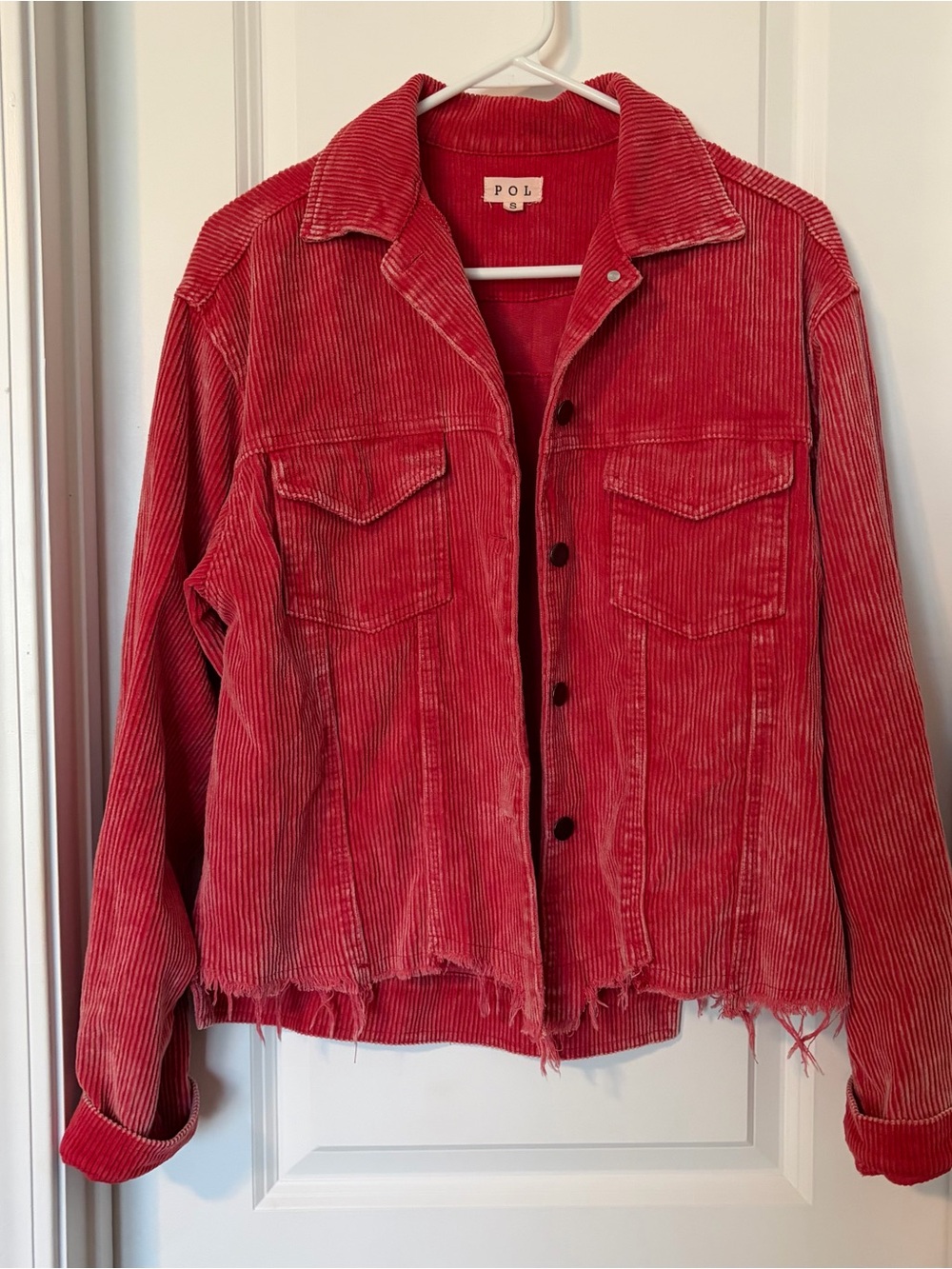 Pol Women Red Corduroy Jacket Shacket Frayed Distressed 
Size S